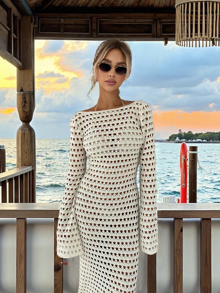 Zarevia Backless Crochet Knit Maxi Dress – Long Sleeve Sheer Swimwear Co...