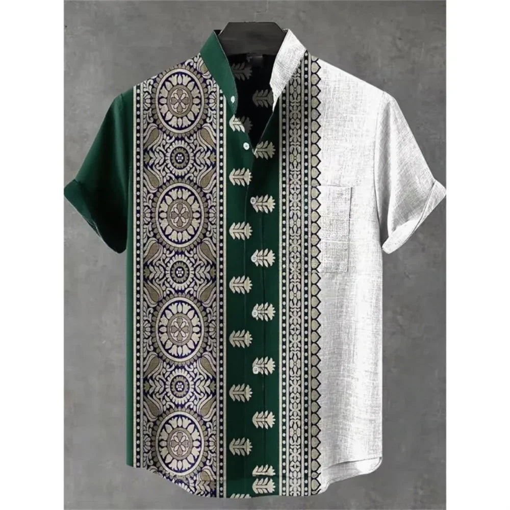 Summer Stand-Up Collar Ethnic Print Shirt for Men - gallery