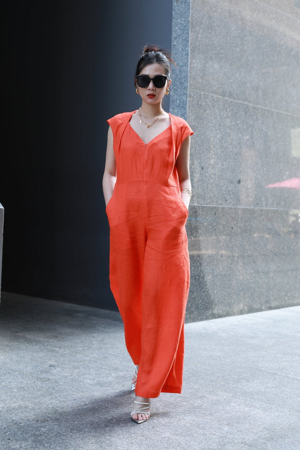 Orange Linen Cap Sleeve Wide-Leg Jumpsuit for Women - gallery
