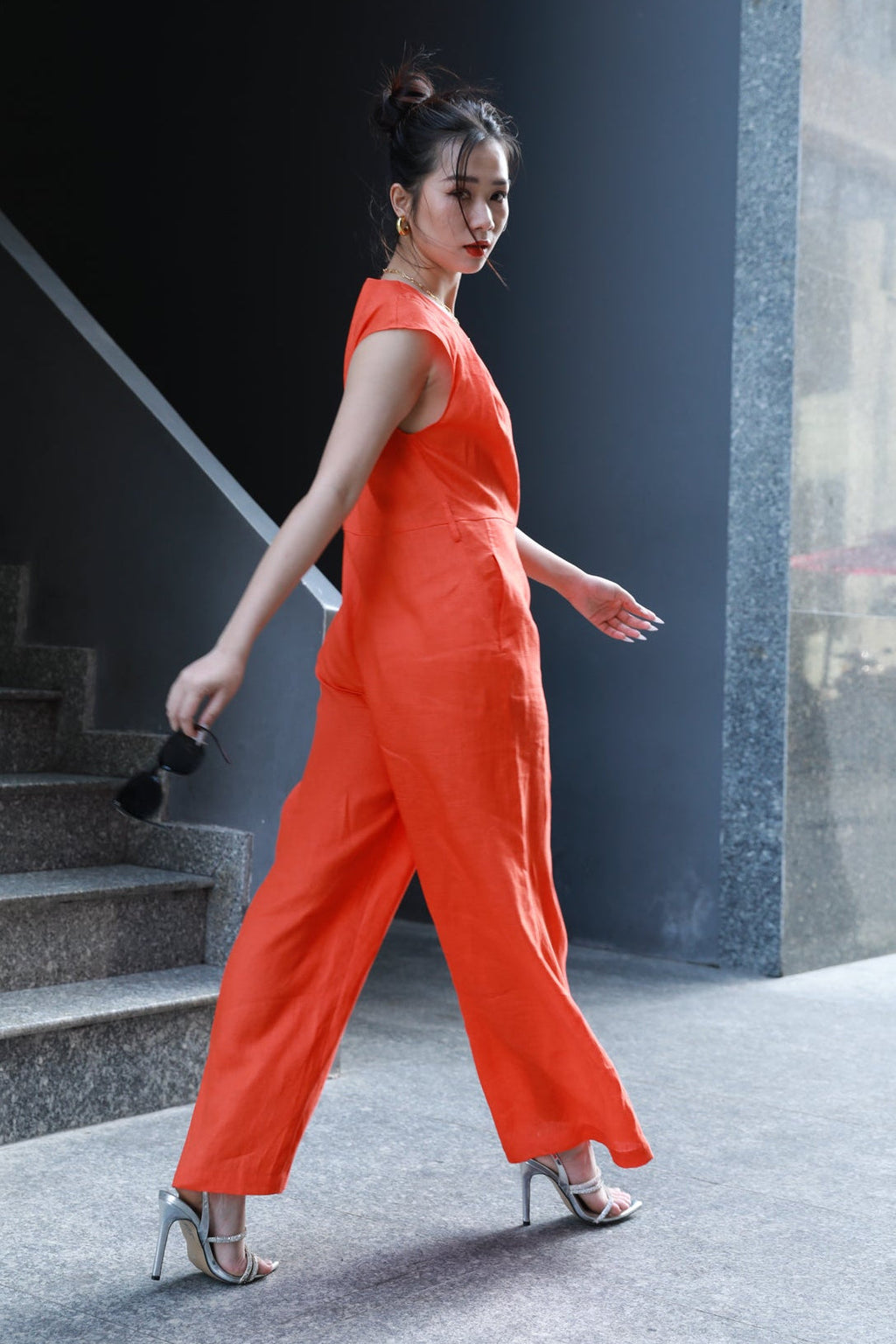 Orange Linen Cap Sleeve Wide-Leg Jumpsuit for Women - gallery