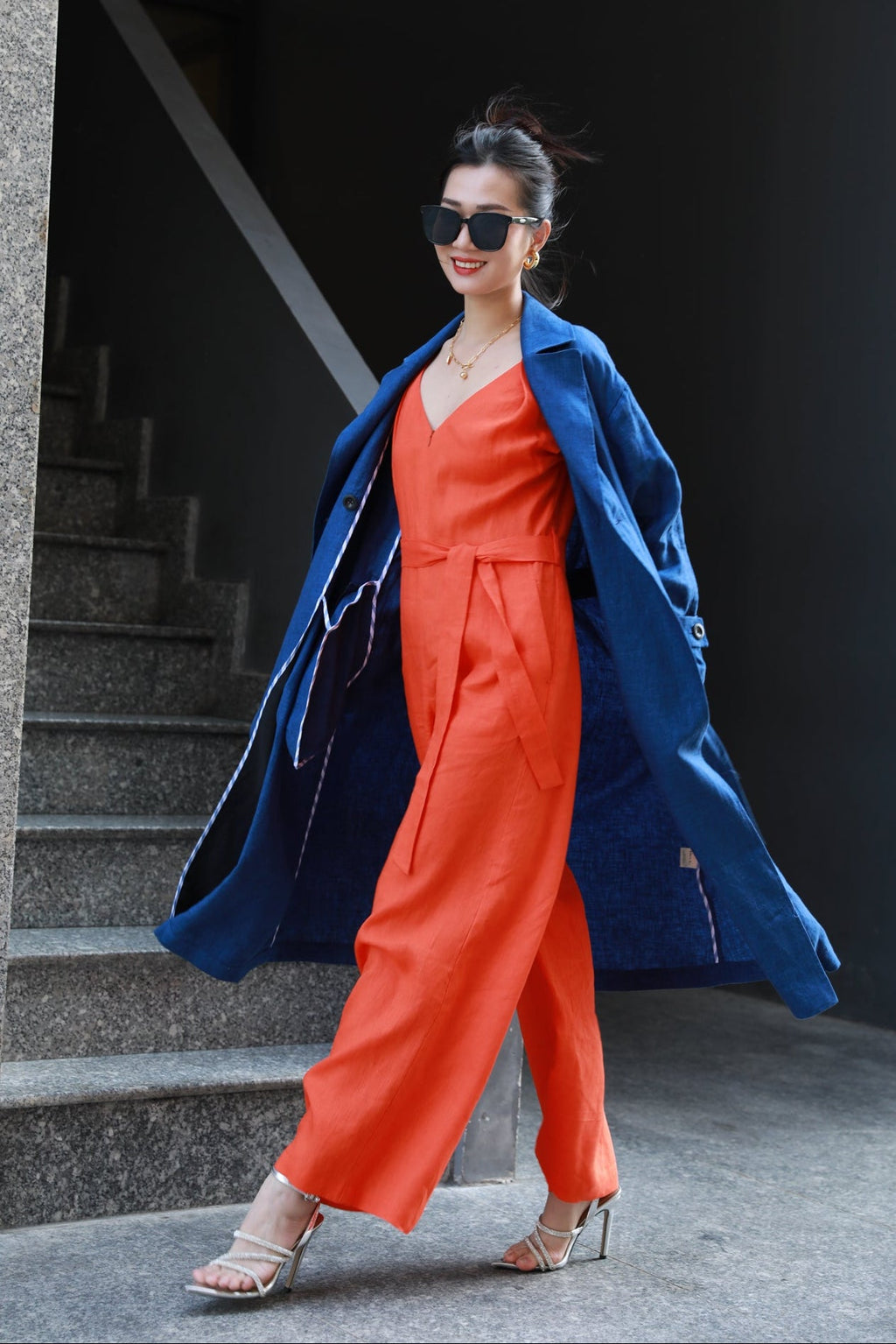 Orange Linen Cap Sleeve Wide-Leg Jumpsuit for Women