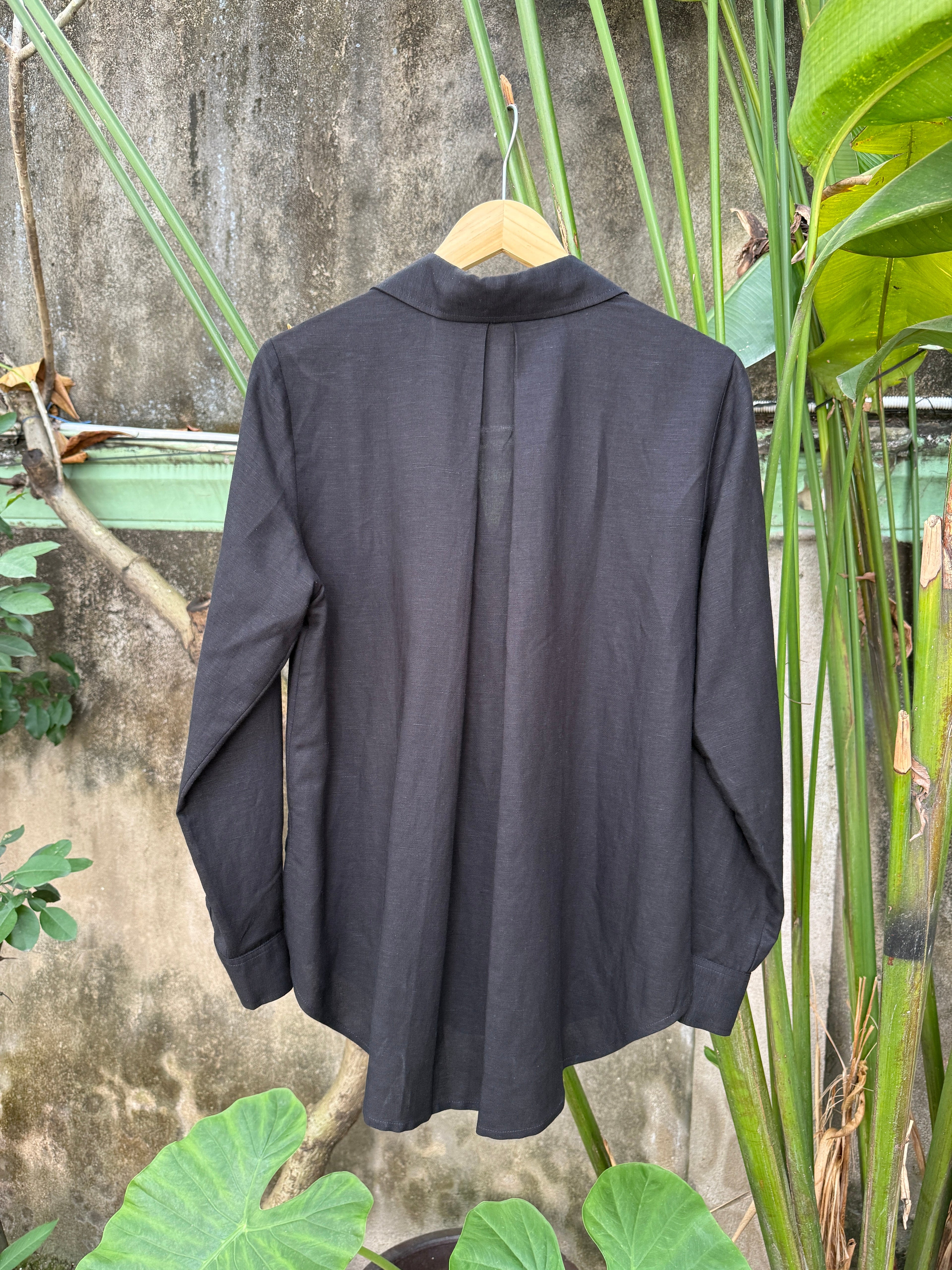Pleated V-Neck Long Sleeve Linen Shirt for Women - gallery