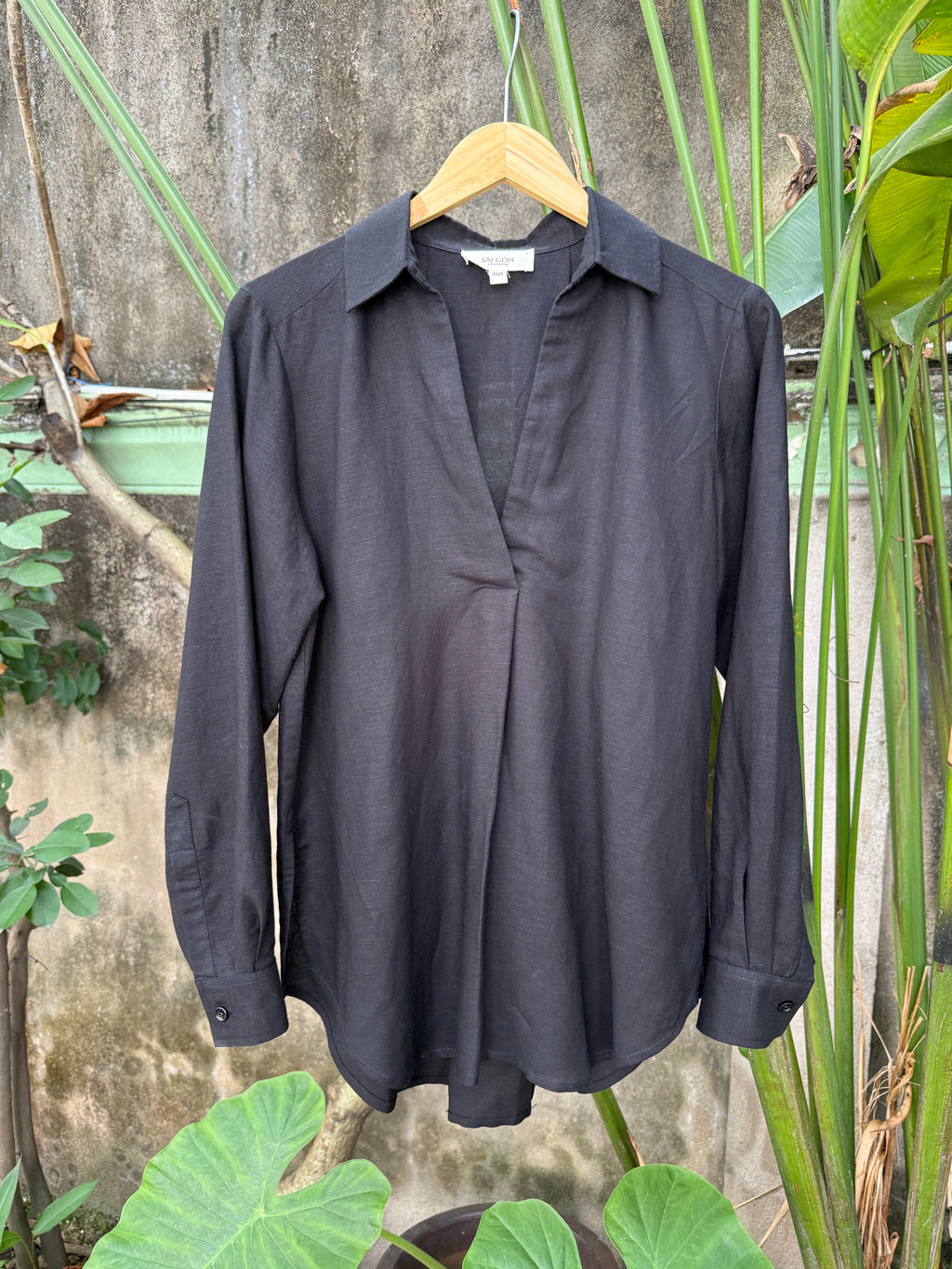 Pleated V-Neck Long Sleeve Linen Shirt for Women
