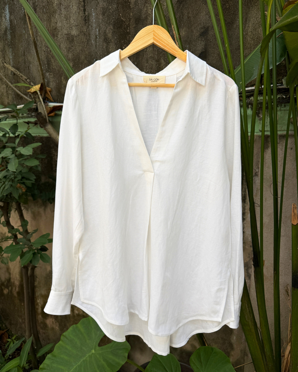 Pleated V-Neck Long Sleeve Linen Shirt for Women - gallery