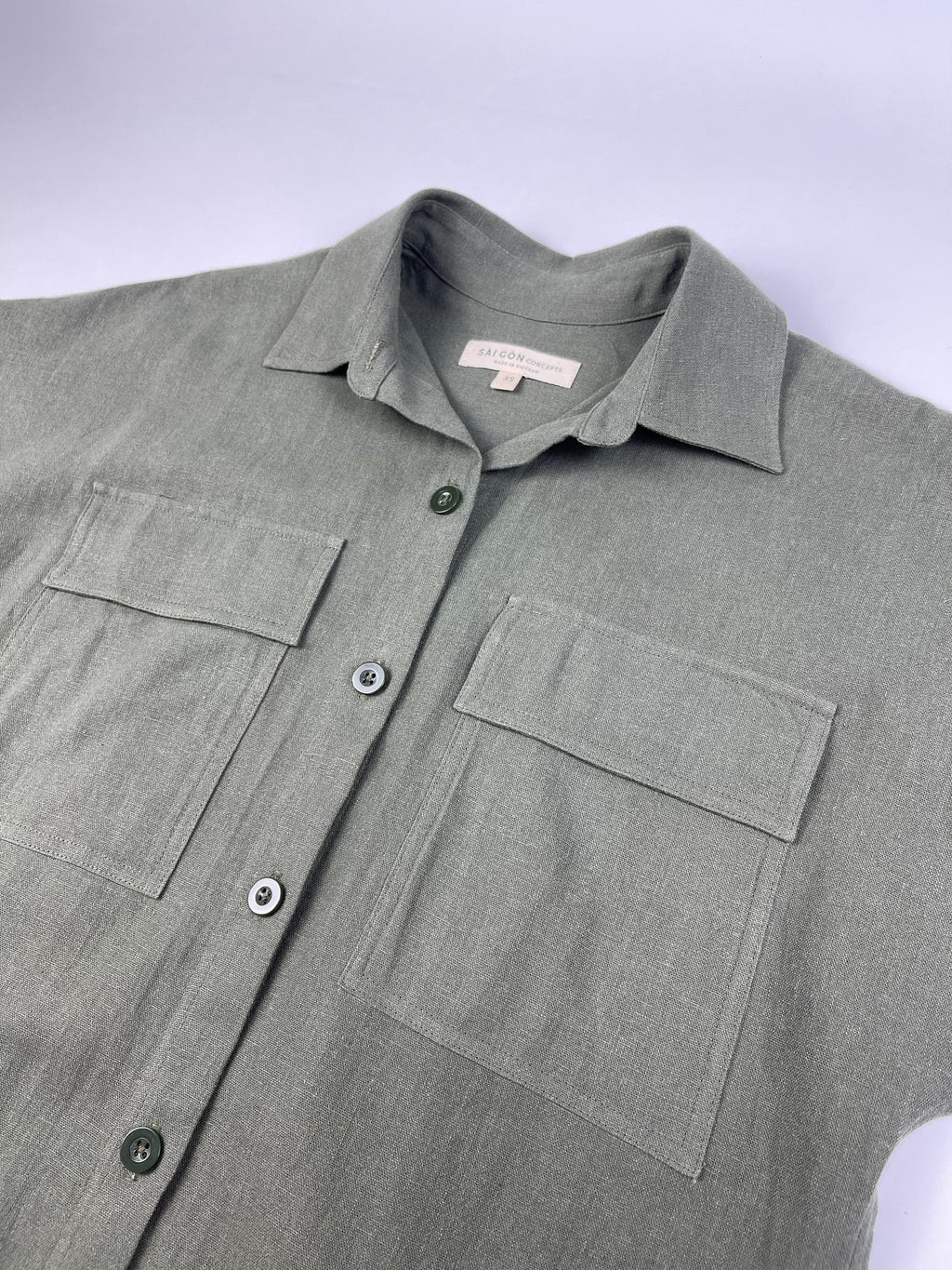 Army Green Linen-Cotton Maxi Shirt Dress for Women - gallery