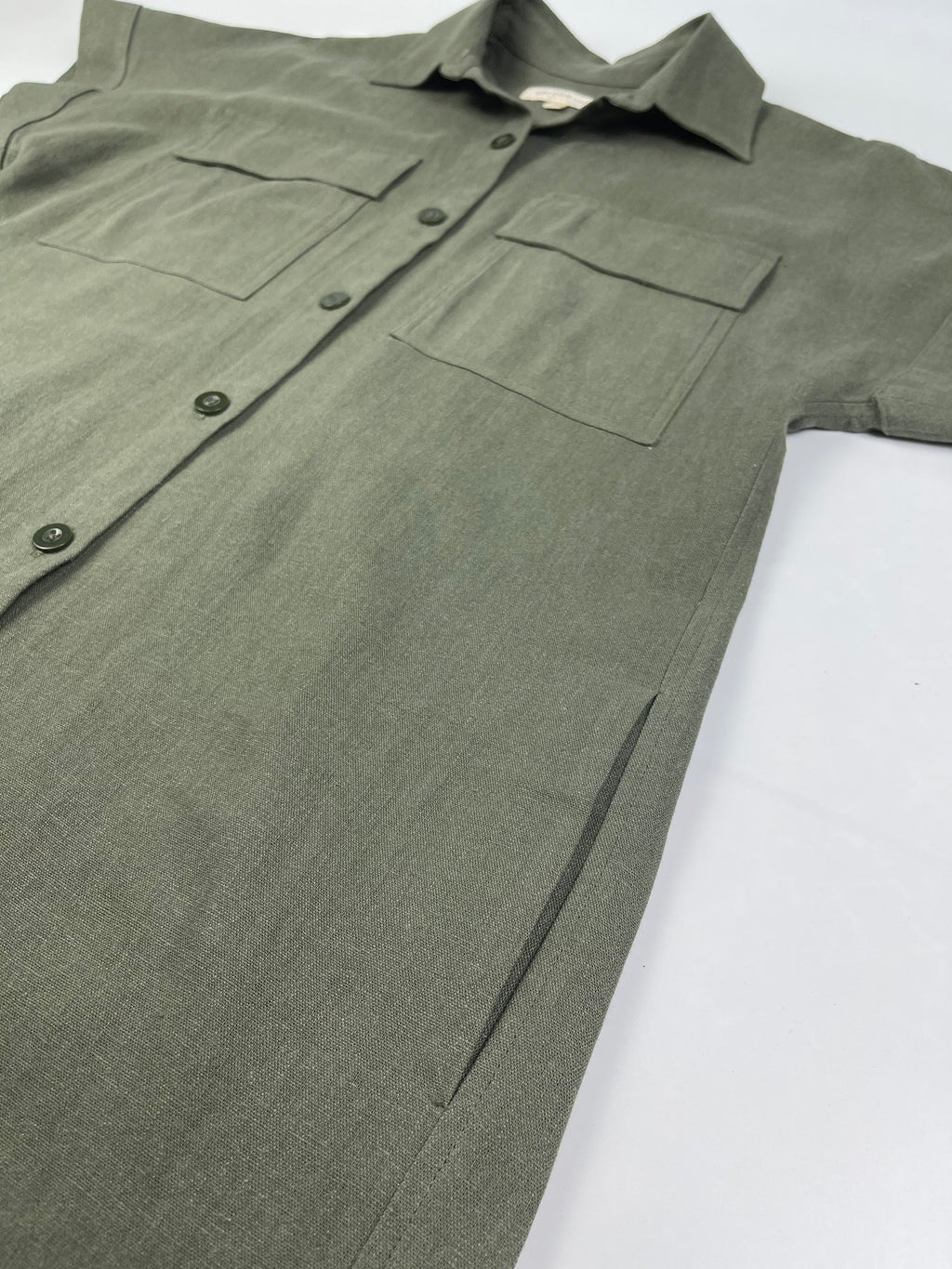Army Green Linen-Cotton Maxi Shirt Dress for Women - gallery
