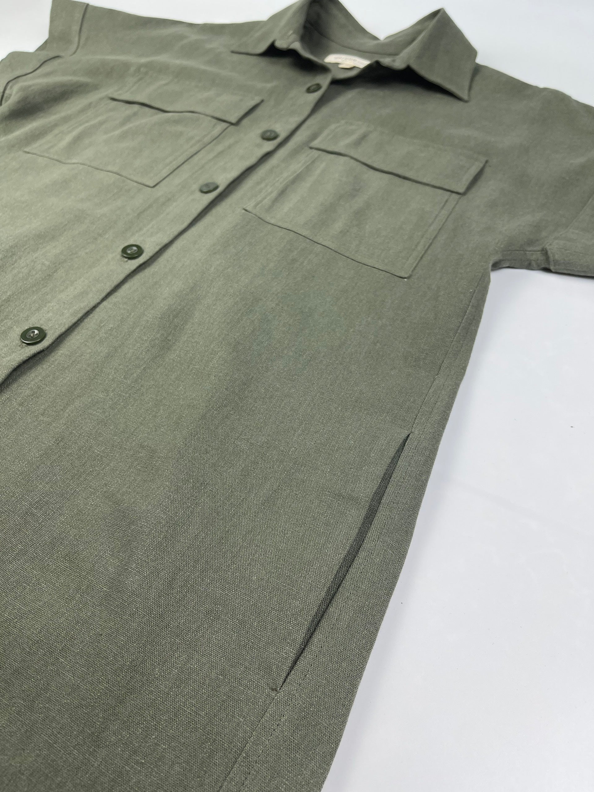 Army Green Linen-Cotton Maxi Shirt Dress for Women - gallery