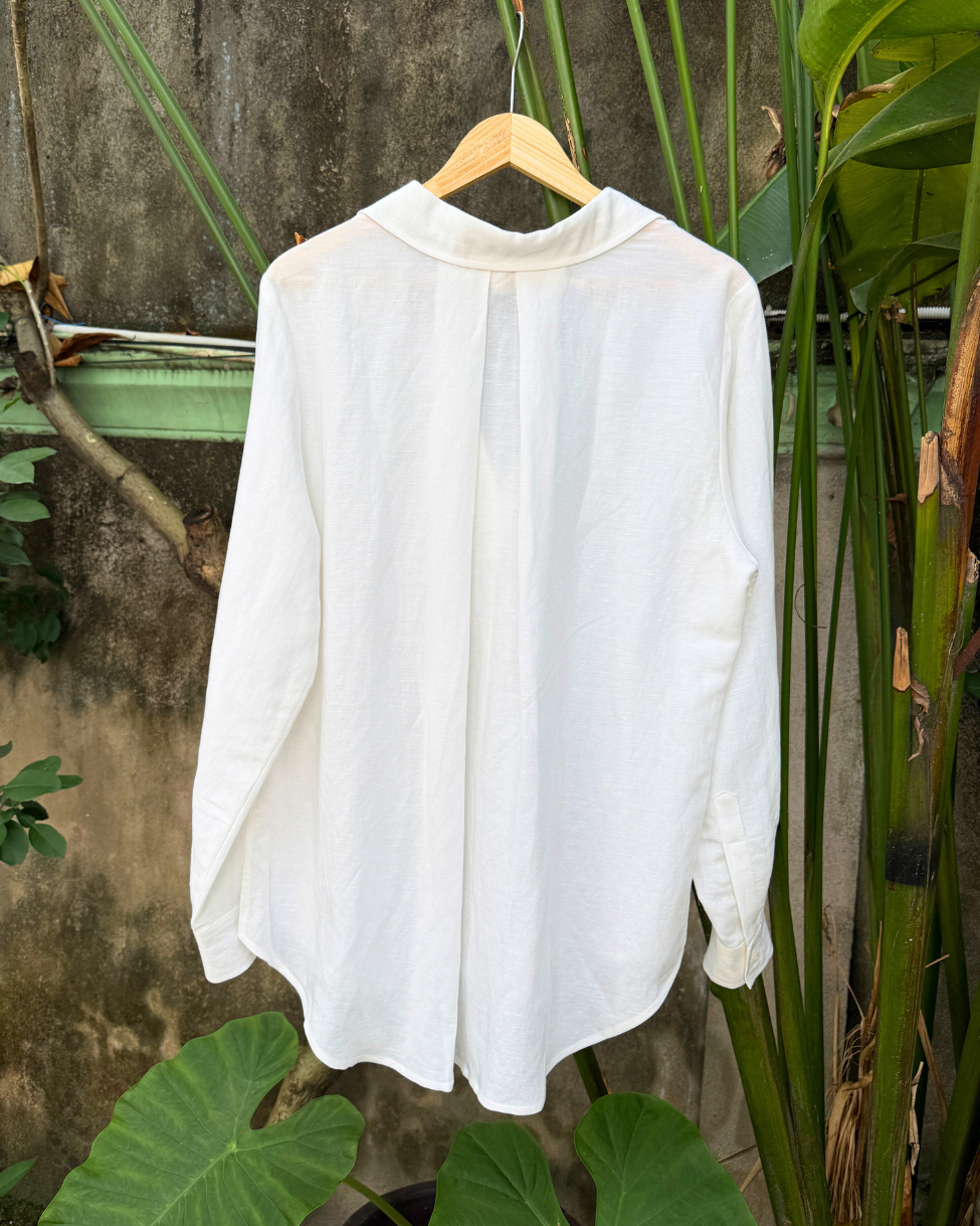 Pleated V-Neck Long Sleeve Linen Shirt for Women - gallery