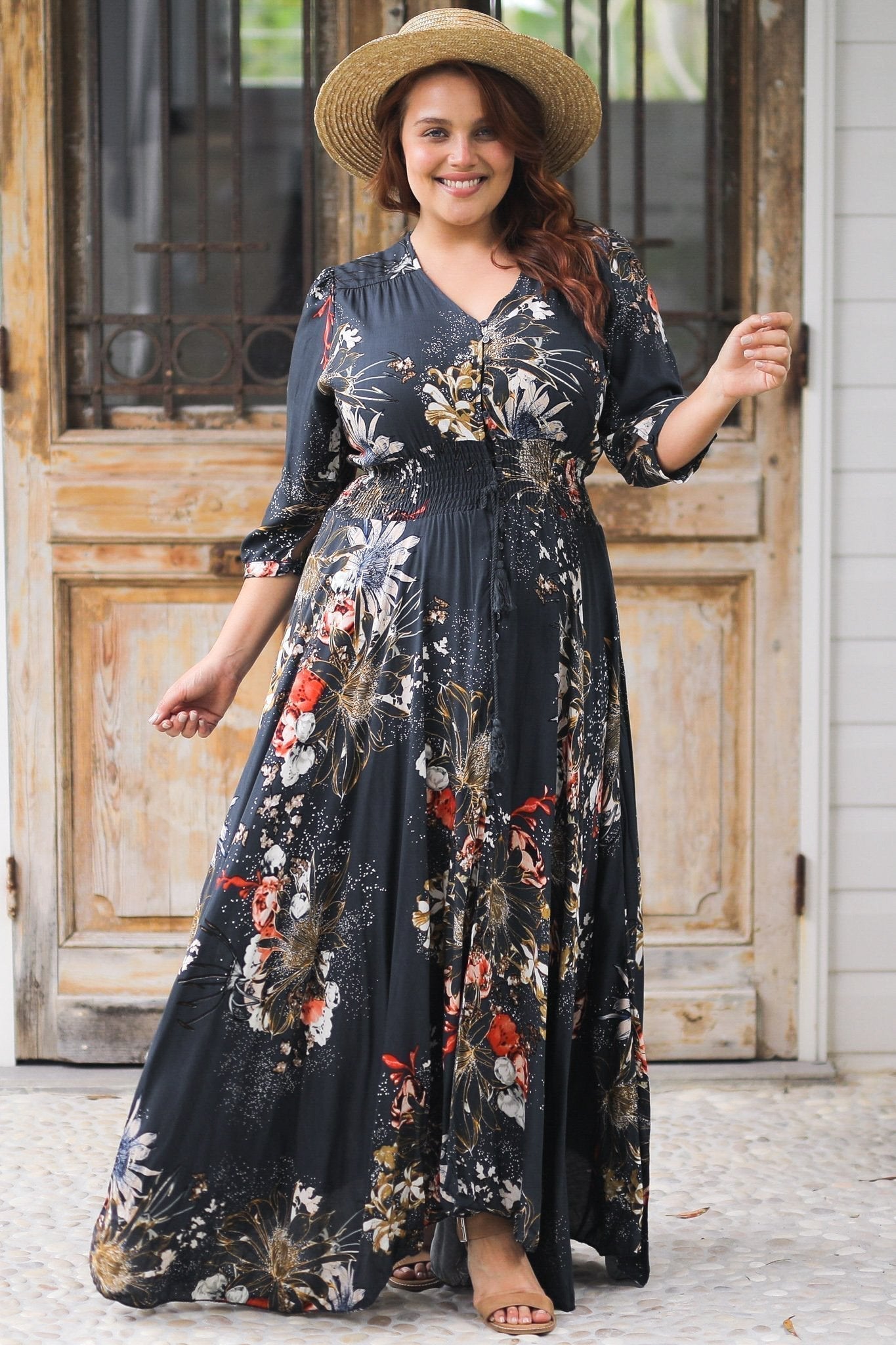 JAASE - Indiana Maxi Dress: Lace Back Shirred Waist A Line Dress with Ha... — gallery