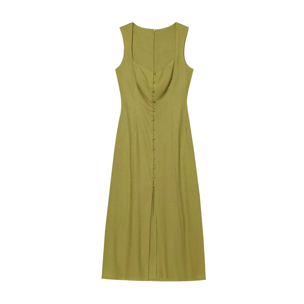 Square Neck Midi Dress for Women - Green