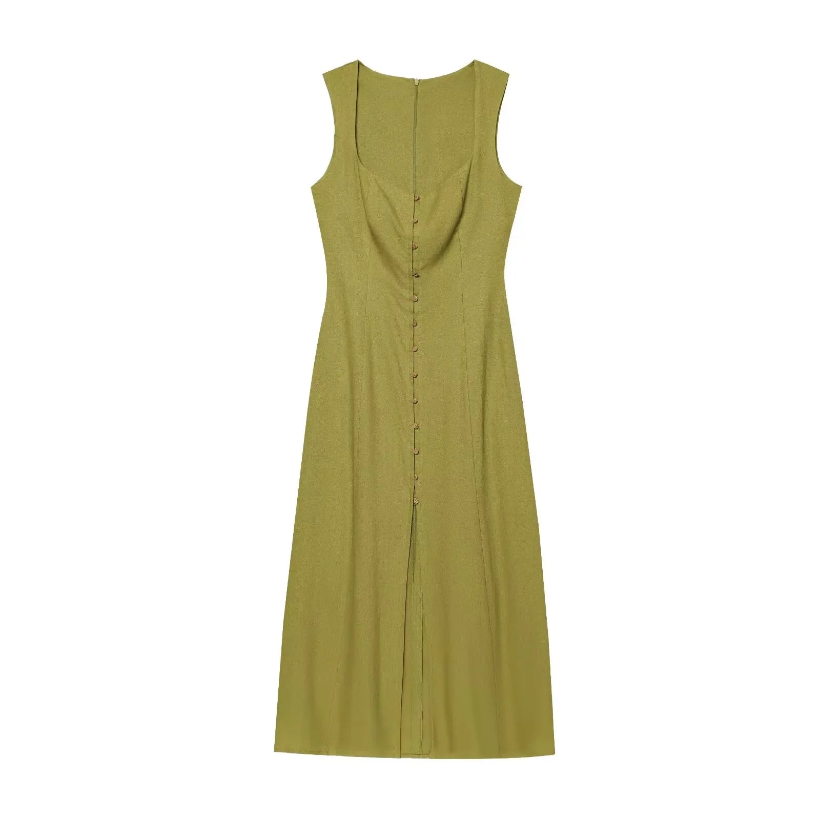Square Neck Midi Dress for Women - Green