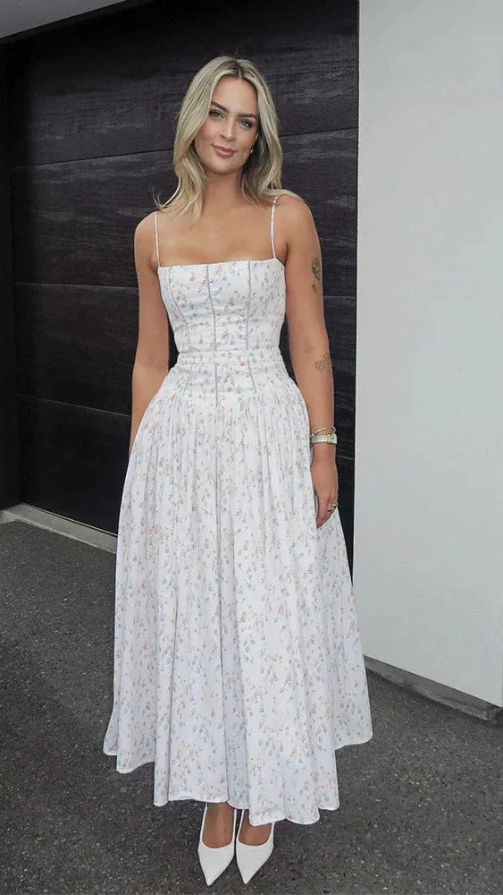Olivietta's Floral Print Midi Sundress for Women - White Print