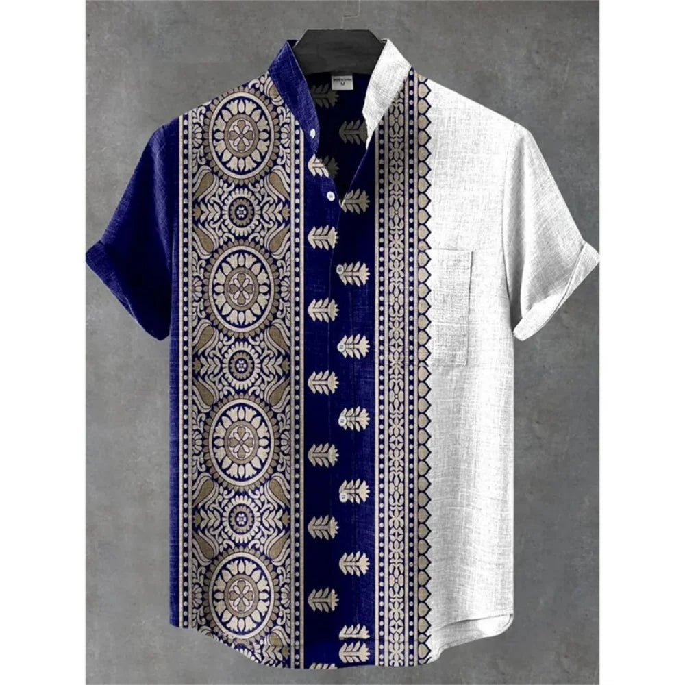 Summer Stand-Up Collar Ethnic Print Shirt for Men - gallery