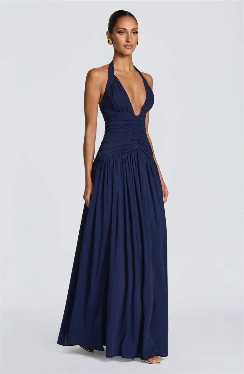 Elira Halter Neck Maxi Dress – Deep V Backless Evening Gown, Ruched High... — gallery