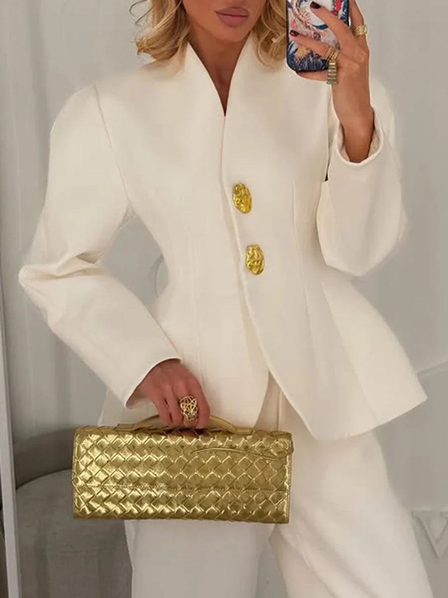 Stand Collar Gold Button Blazer & Trouser Set Trousers for Women - gallery