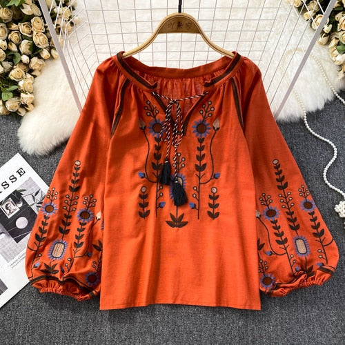 Embroidered O-Neck Loose Fit Blouse for Women - Orange