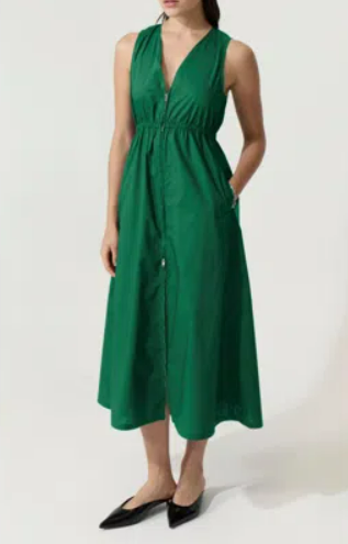 Sleeveless Cotton Poplin Midi Dress for Women — Deep V Neck - Green