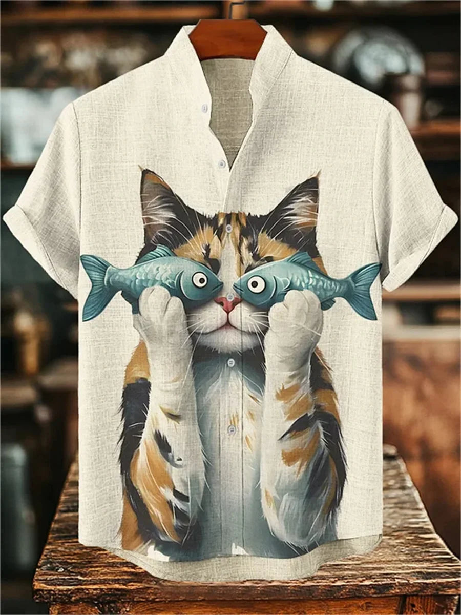 Hawaiian Cat Print Short Sleeve Shirt for Men - Grey Tabby Cat