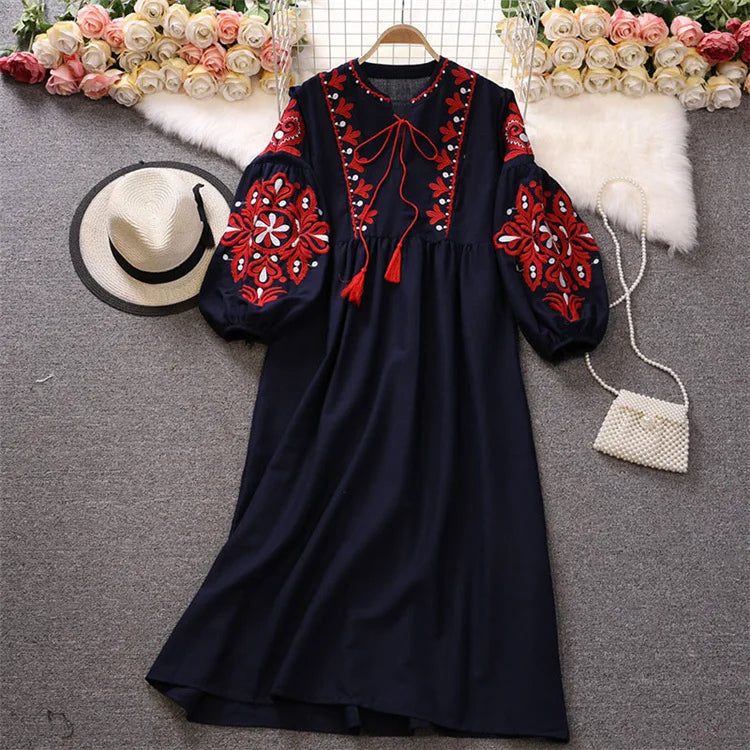 Embroidery Dress Long-Sleeve for Women - navy blue