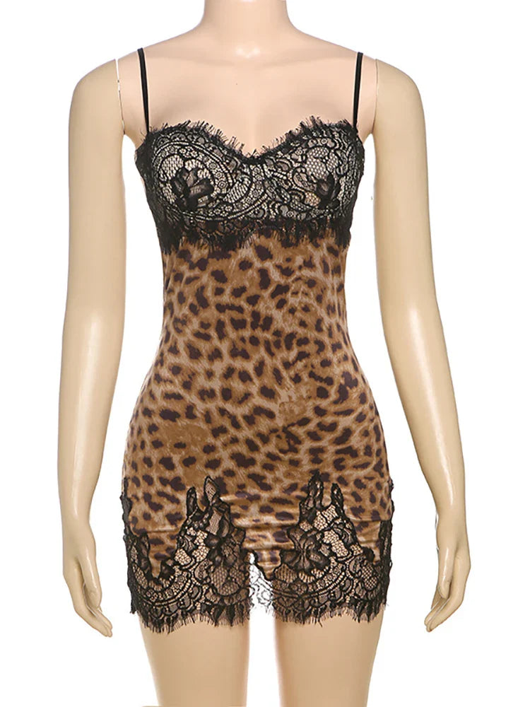 Patchwork Cami Leopard Lace Mini Dress Cami Top for Women - gallery