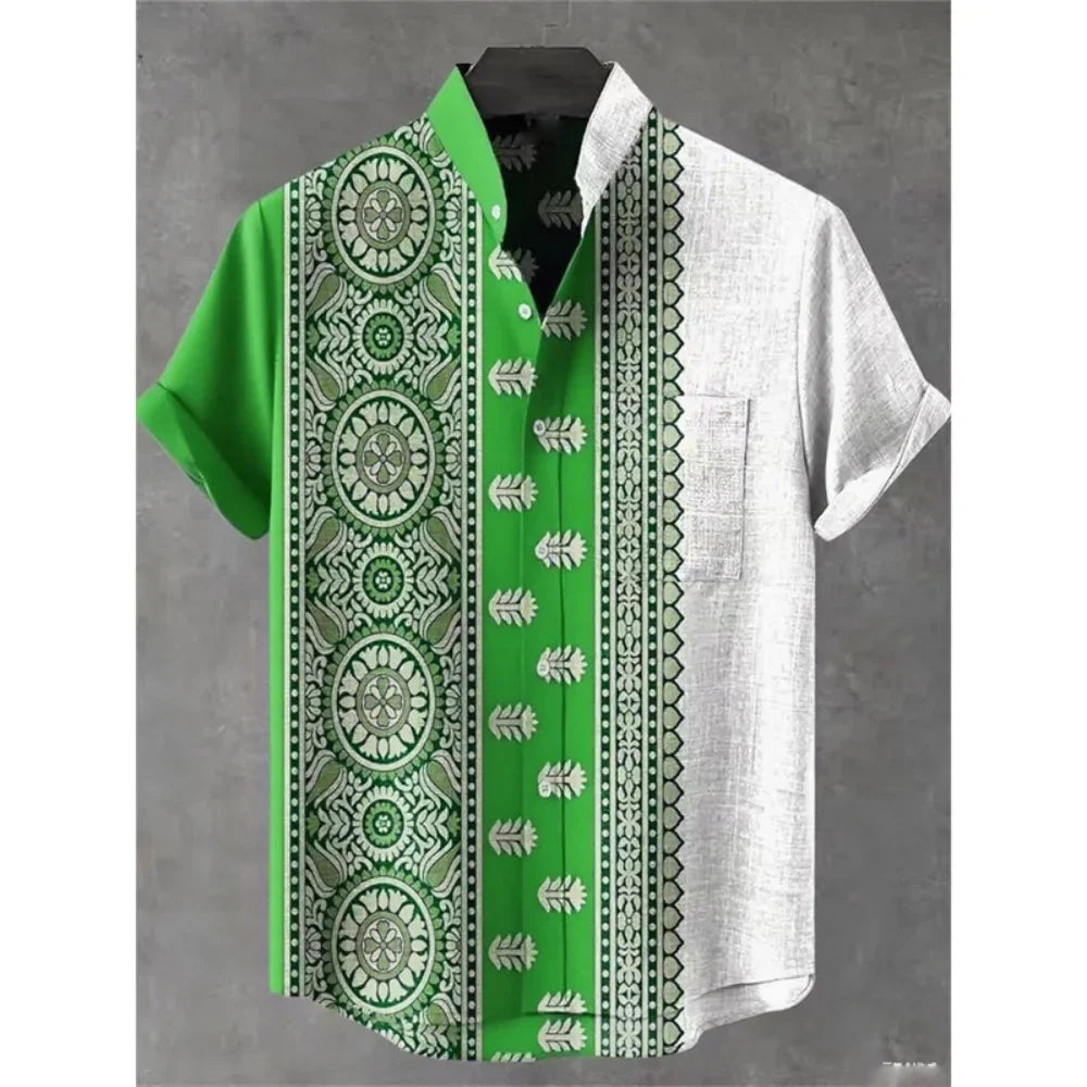 Summer Stand-Up Collar Ethnic Print Shirt for Men - gallery