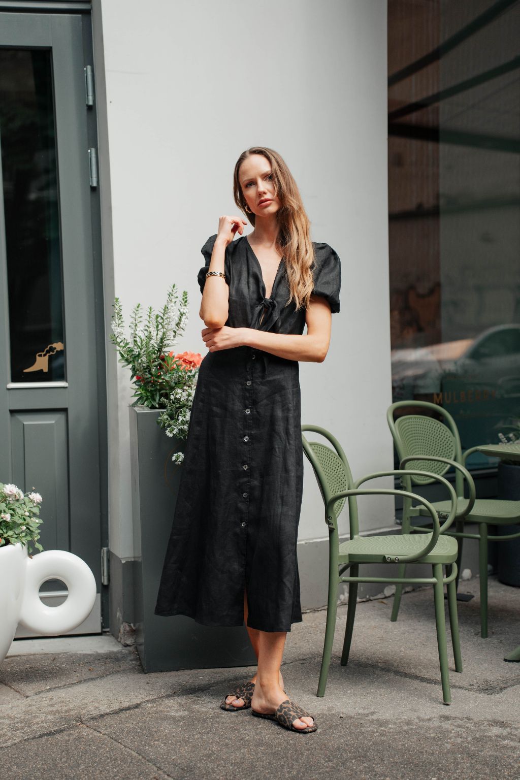 Black Linen Dress for Women — Puff Sleeves and Front Tie Knot