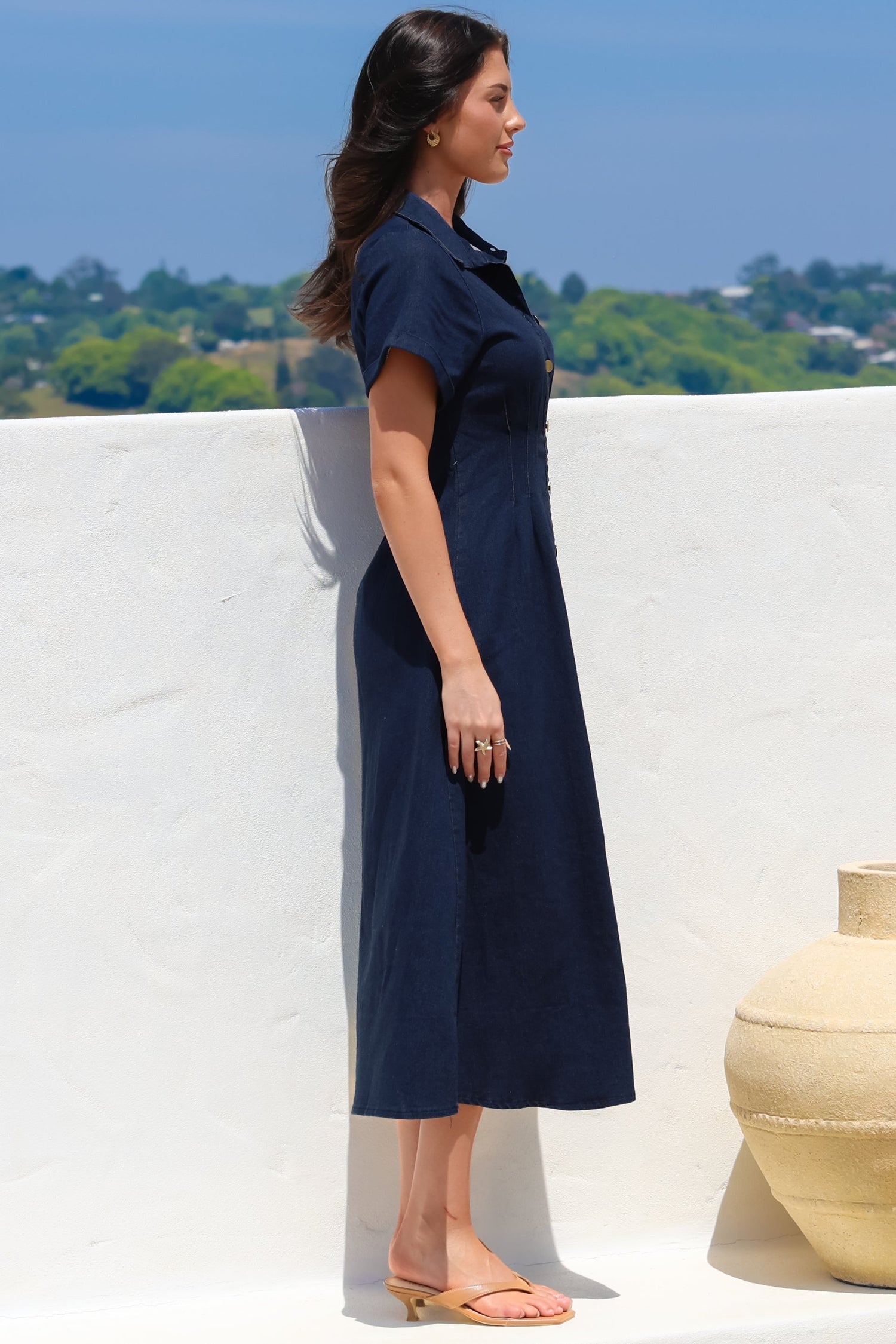 Sharlan Midi Dress - A-Line Button Detailed Denim Dress in Dark Denim — gallery
