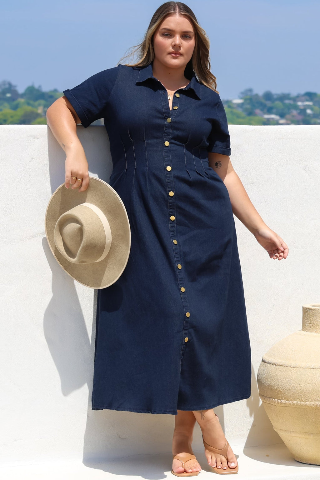 Sharlan Midi Dress - A-Line Button Detailed Denim Dress in Dark Denim — gallery