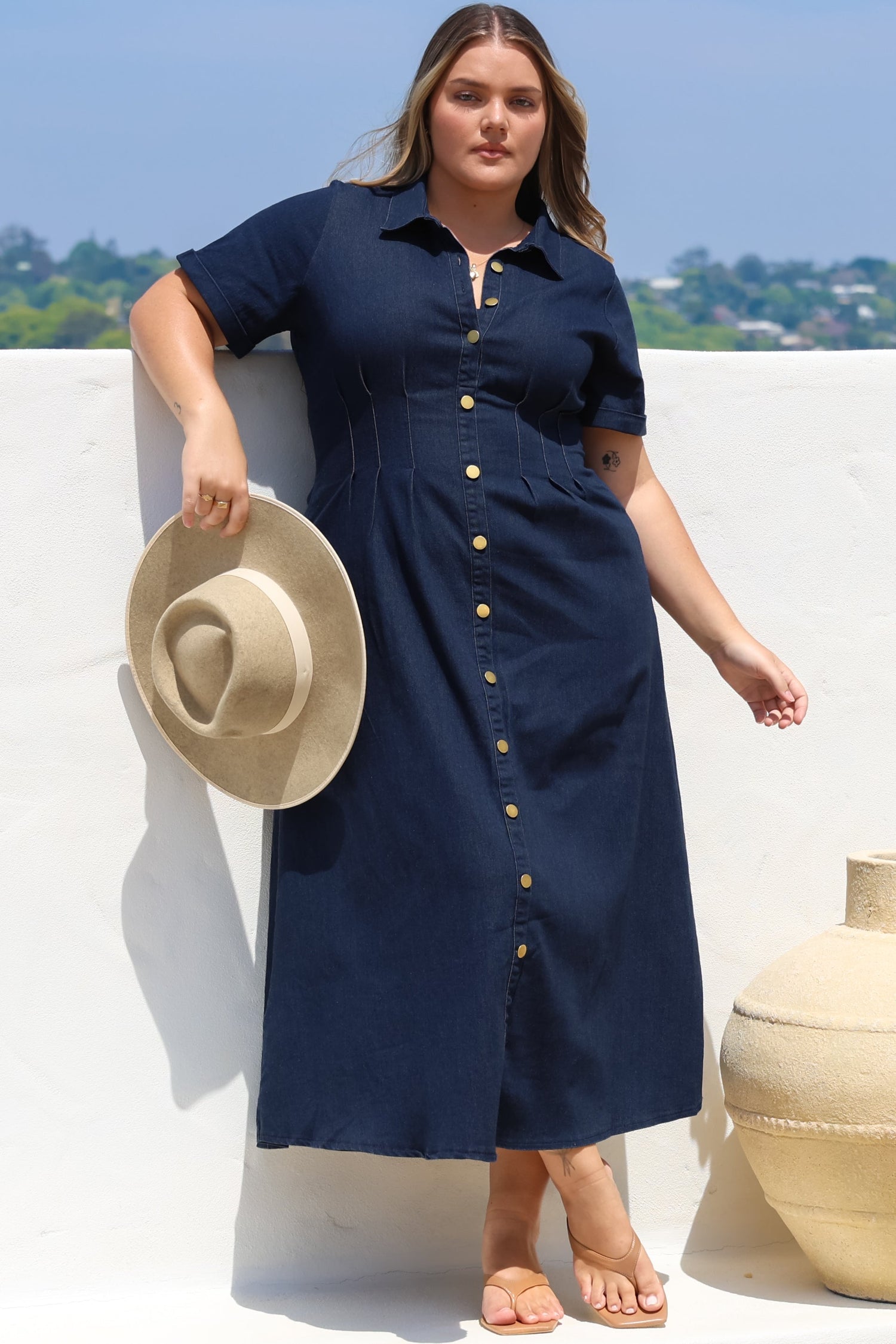 Sharlan Midi Dress - A-Line Button Detailed Denim Dress in Dark Denim — gallery