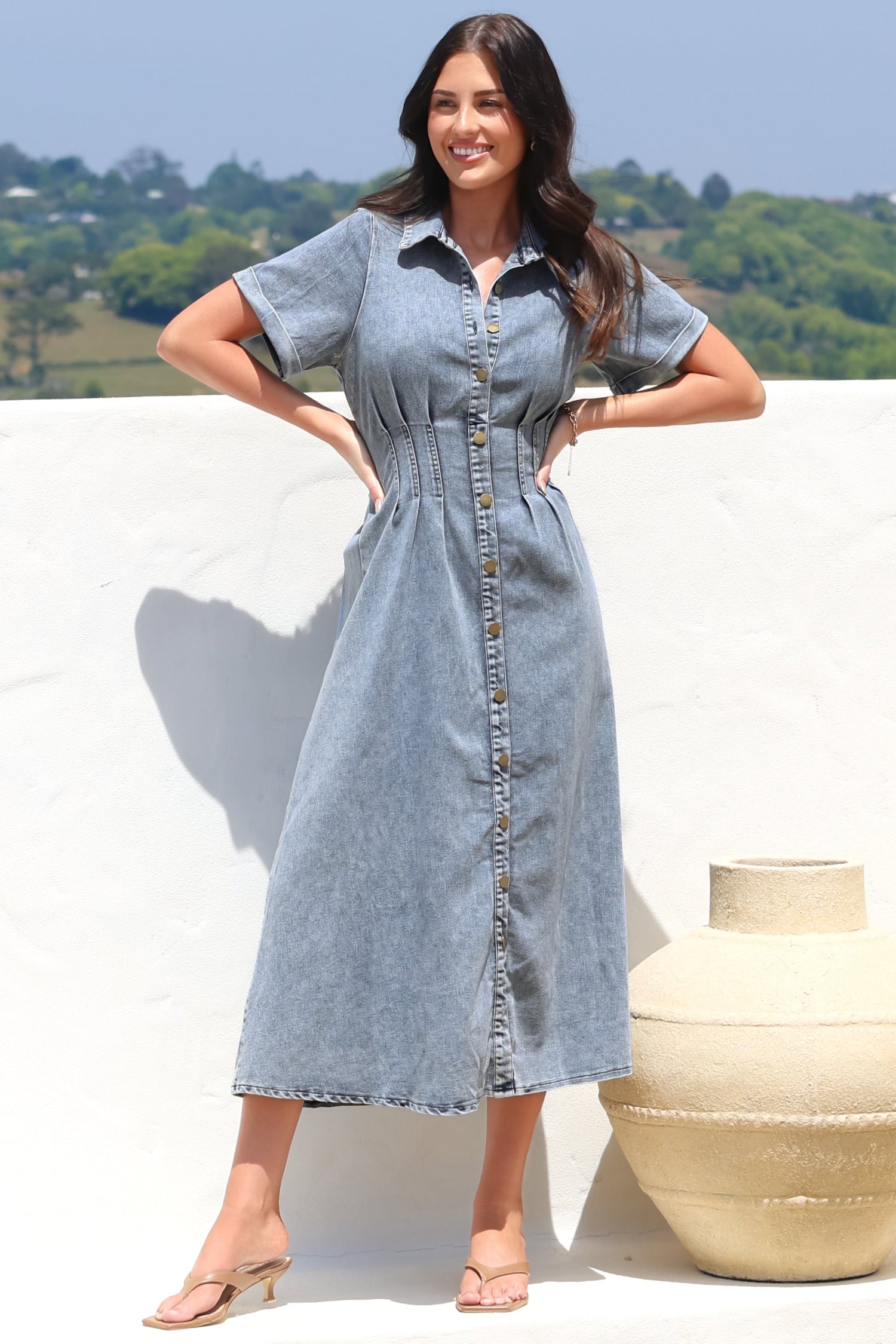 Sharlan Midi Dress - A-Line Button Detailed Denim Dress in Mid Denim Wash — gallery