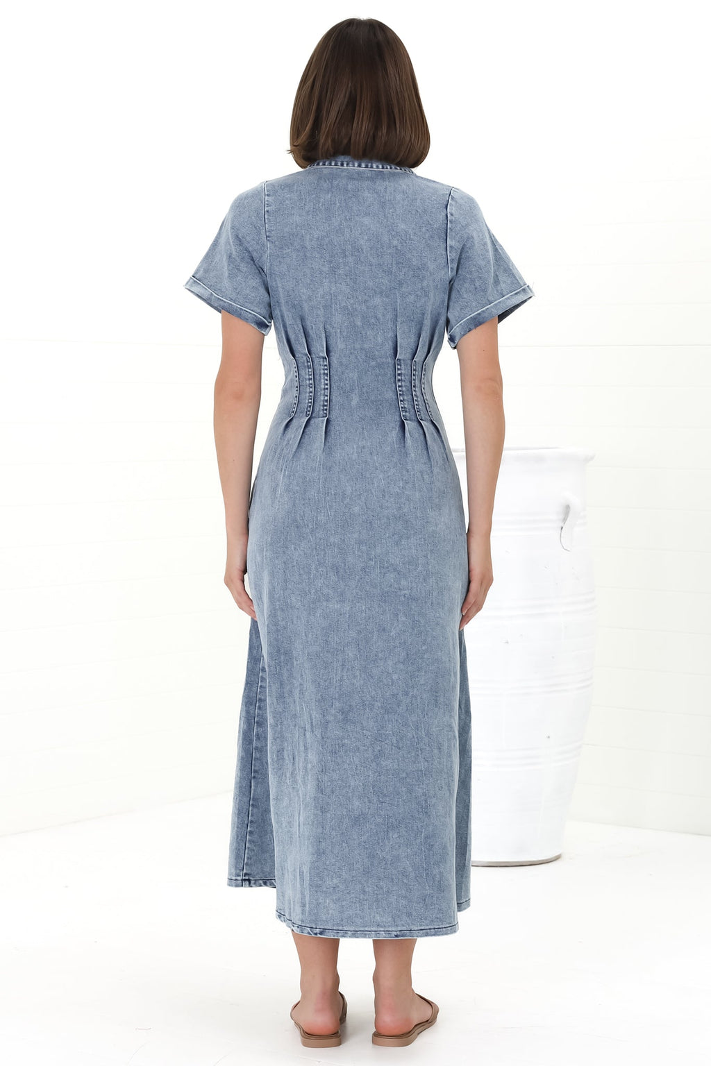 Sharlan Midi Dress - A-Line Button Detailed Denim Dress in Mid Denim Wash — gallery