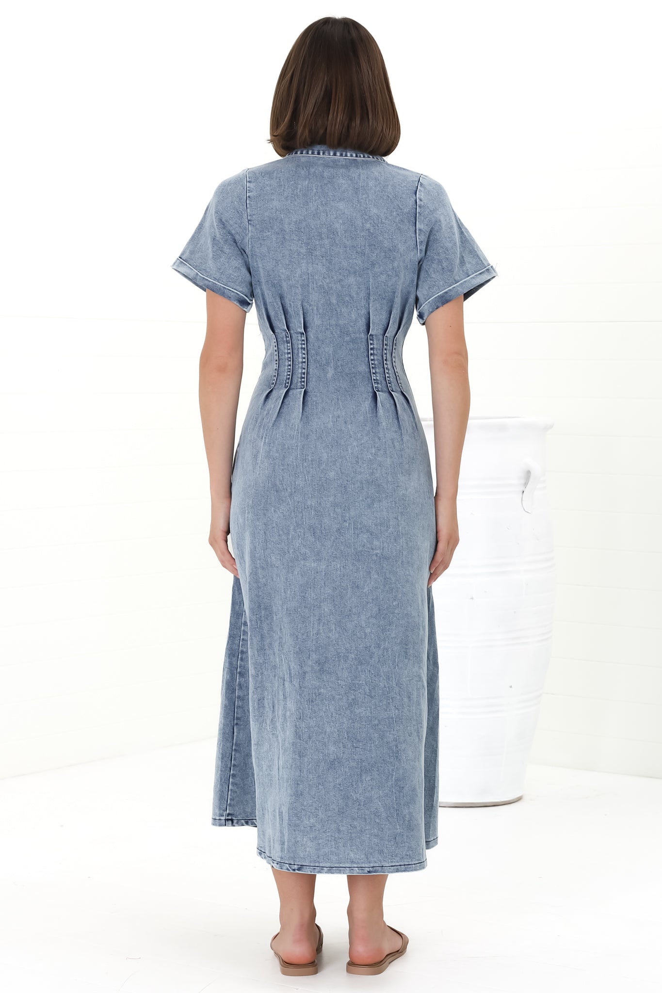 Sharlan Midi Dress - A-Line Button Detailed Denim Dress in Mid Denim Wash — gallery