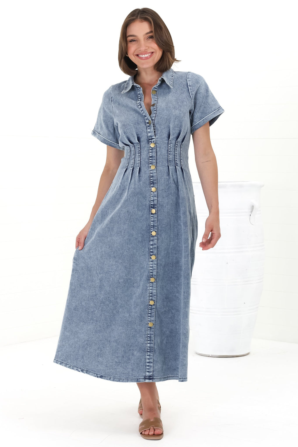 Sharlan Midi Dress - A-Line Button Detailed Denim Dress in Mid Denim Wash — gallery