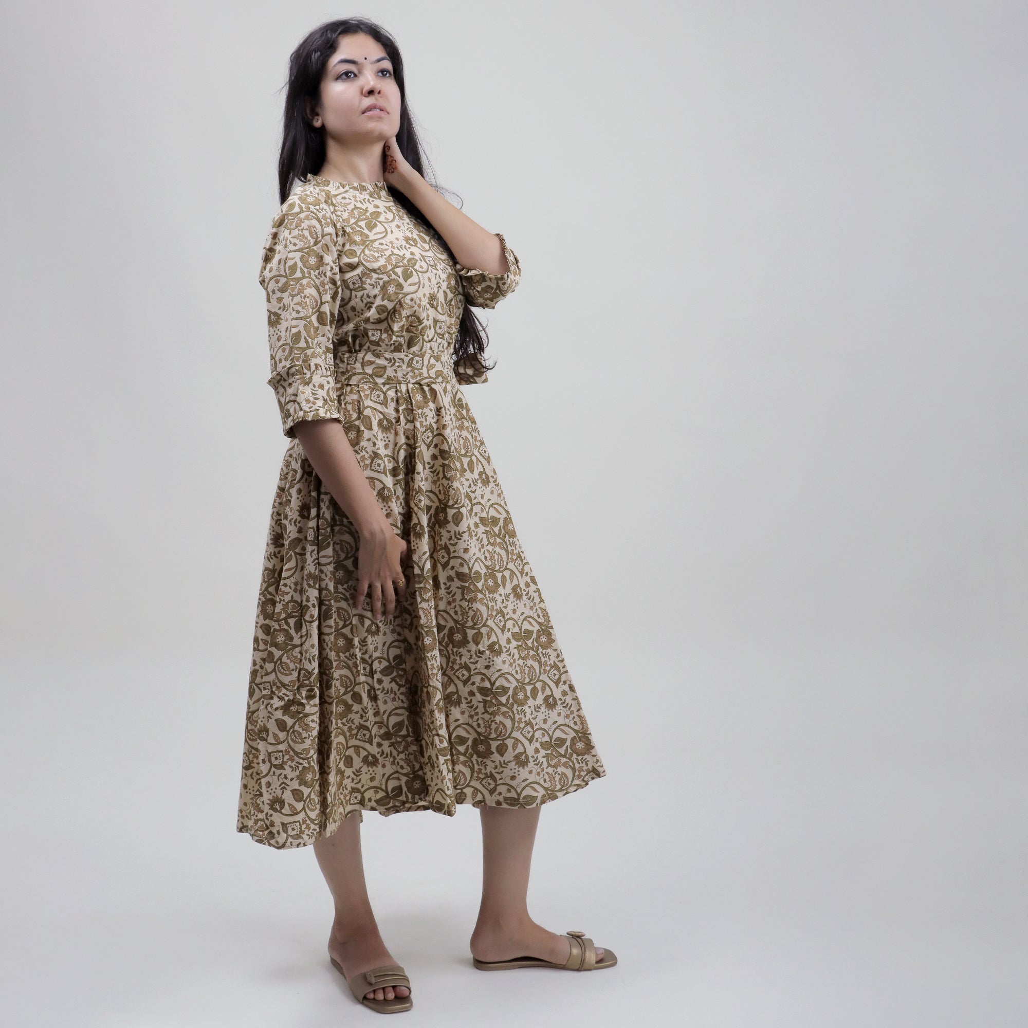 Hand Block Print Floral Cotton Midi Dress for Women — With Belt
