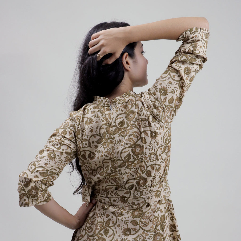 Hand Block Print Floral Cotton Midi Dress for Women — With Belt - gallery