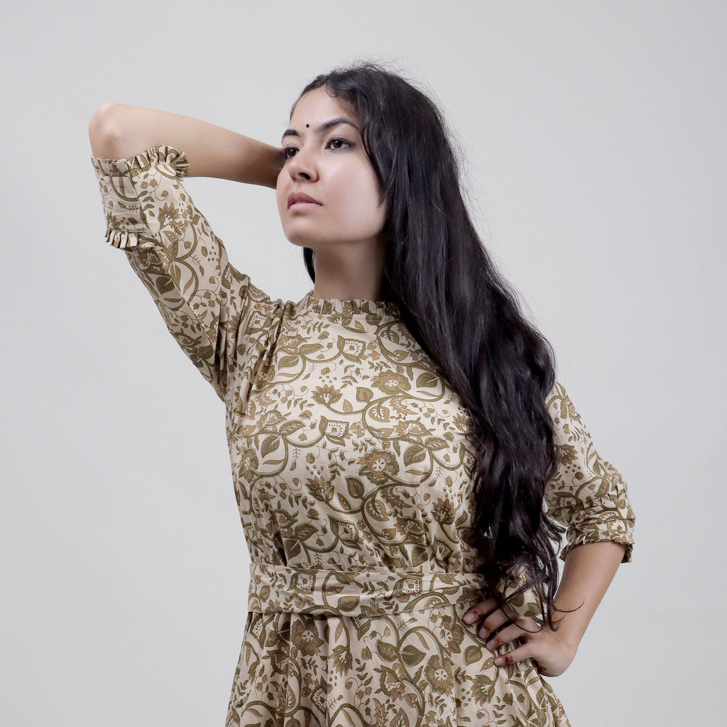 Hand Block Print Floral Cotton Midi Dress for Women — With Belt - gallery