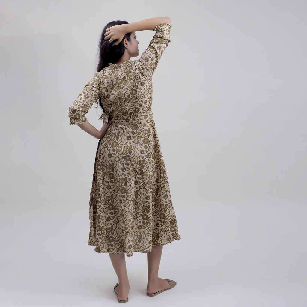 Hand Block Print Floral Cotton Midi Dress for Women — With Belt - gallery