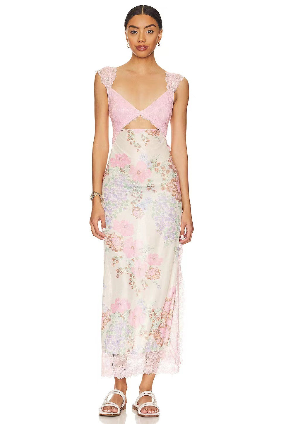 Suddenly Fine Maxi Slip Lace Backless Strap Splicing Slit Floral Long