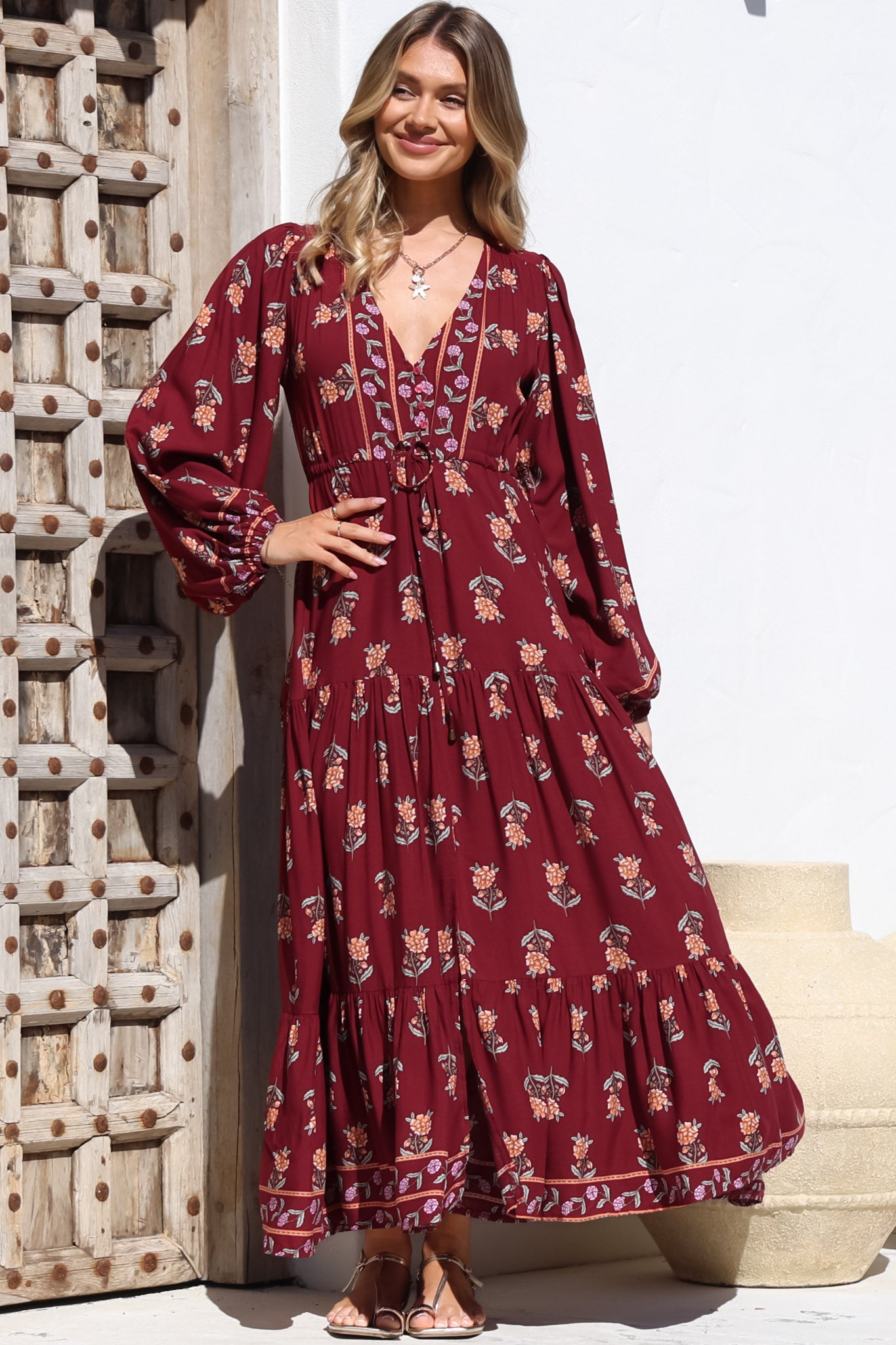 JAASE - Teresa Maxi Dress: A Line Dress with Long Balloon Sleeves in Gre... — gallery