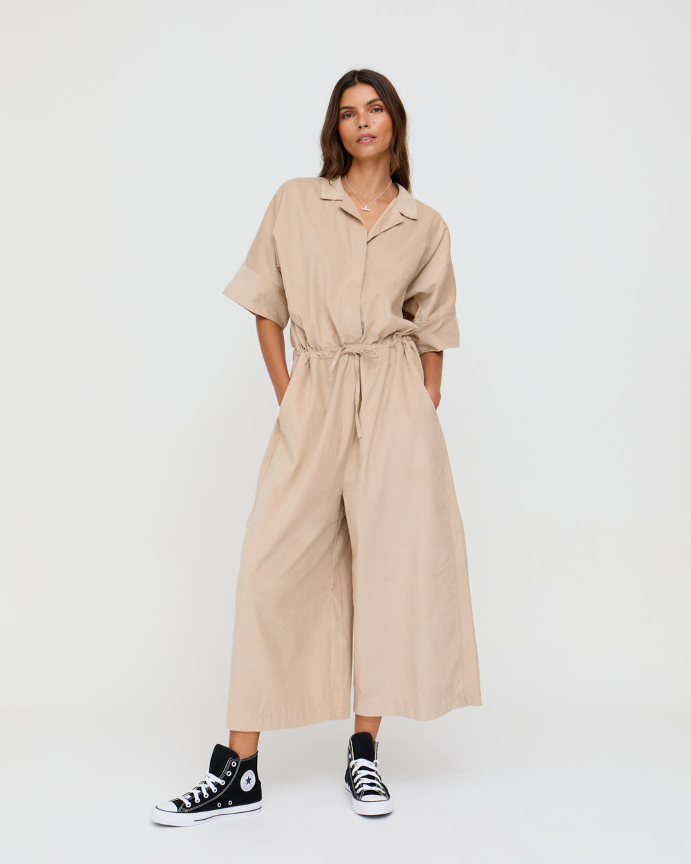 Beige Corduroy Crop Jumpsuit for Women — Organic Cotton Wide Leg