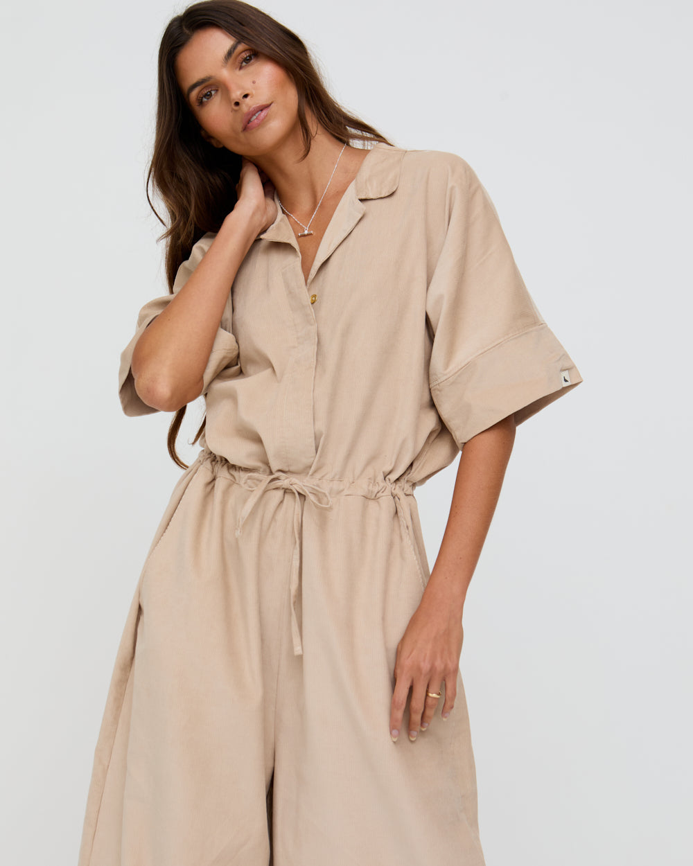 Beige Corduroy Crop Jumpsuit for Women — Organic Cotton Wide Leg - gallery