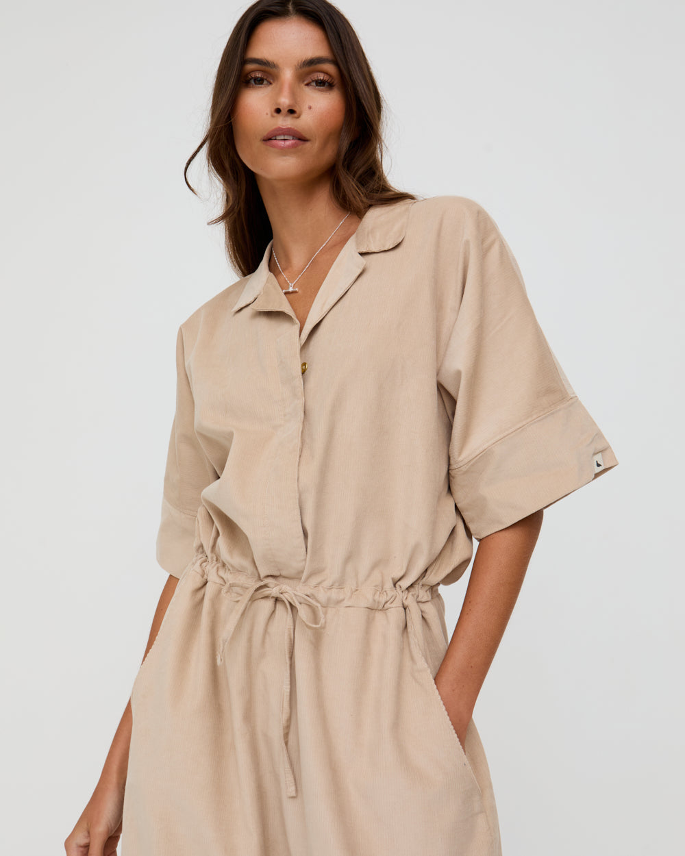 Beige Corduroy Crop Jumpsuit for Women — Organic Cotton Wide Leg - gallery