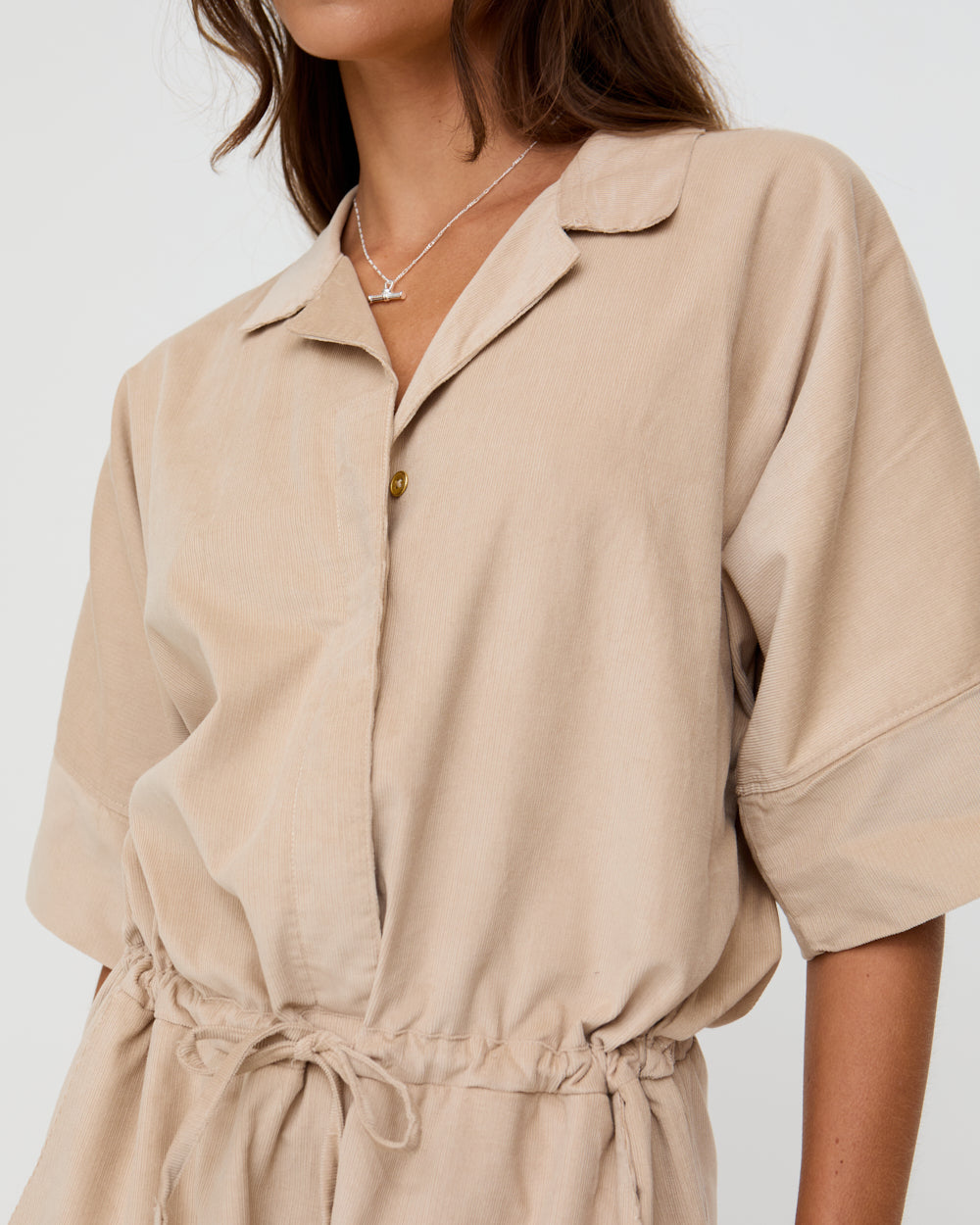 Beige Corduroy Crop Jumpsuit for Women — Organic Cotton Wide Leg - gallery