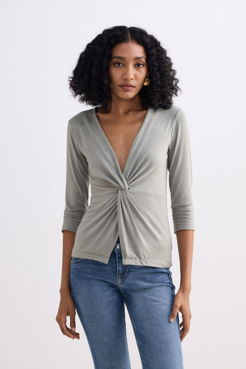 Twist Front Knit Shirt in Light Olive Knit Top for Women
