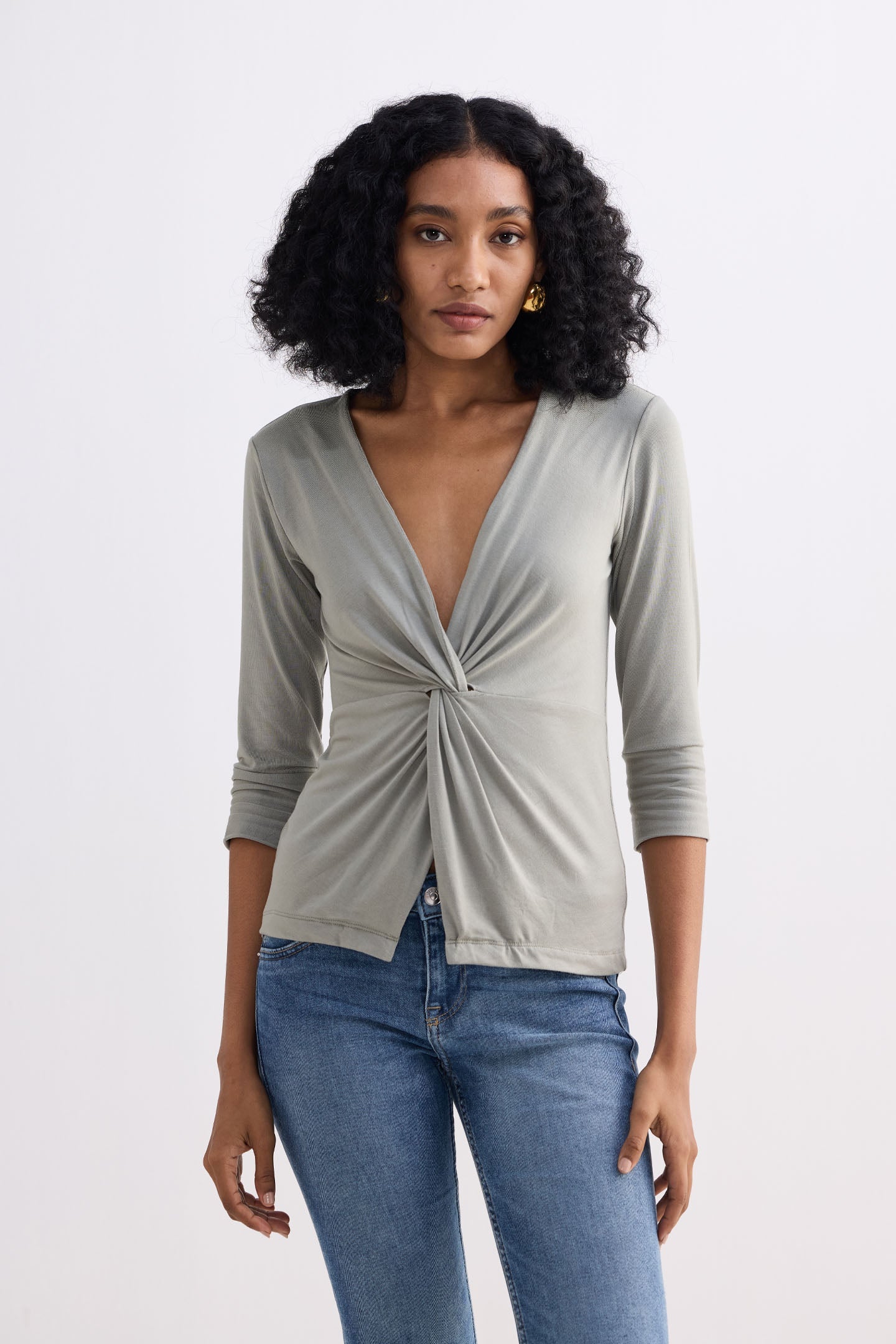 Twist Front Knit Shirt in Light Olive Knit Top for Women