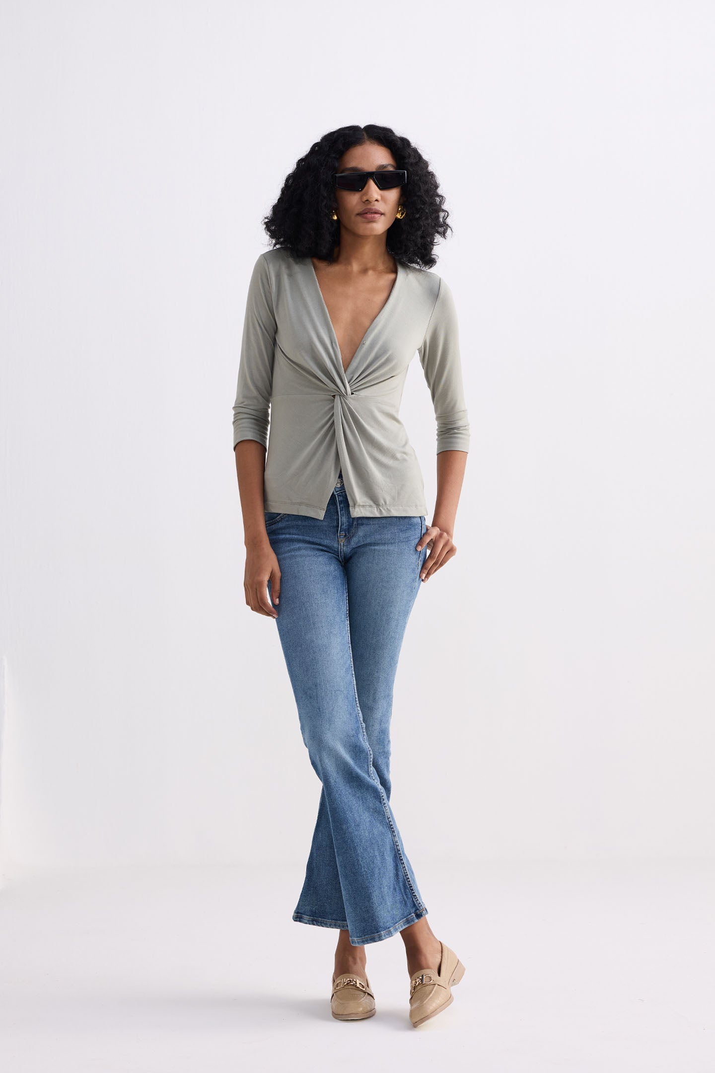 Twist Front Knit Shirt in Light Olive Knit Top for Women - gallery