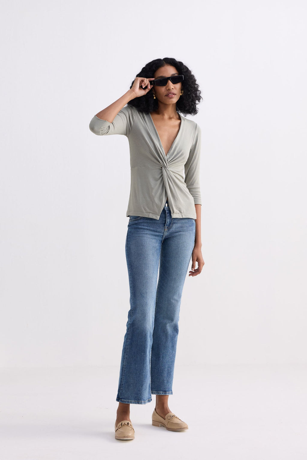 Twist Front Knit Shirt in Light Olive Knit Top for Women - gallery
