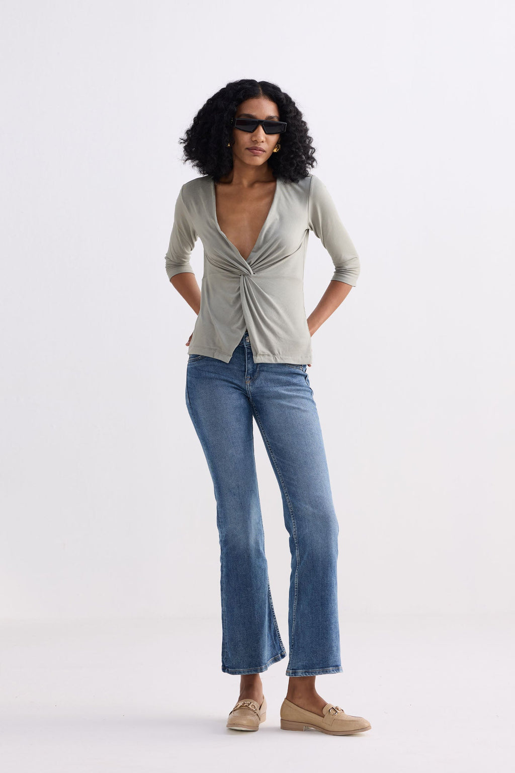 Twist Front Knit Shirt in Light Olive Knit Top for Women - gallery