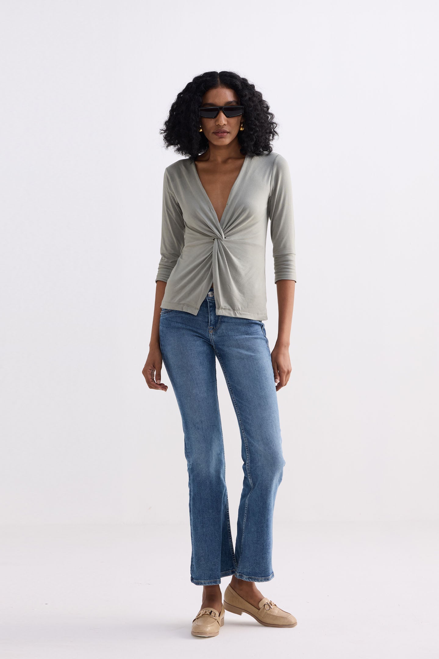 Twist Front Knit Shirt in Light Olive Knit Top for Women - gallery