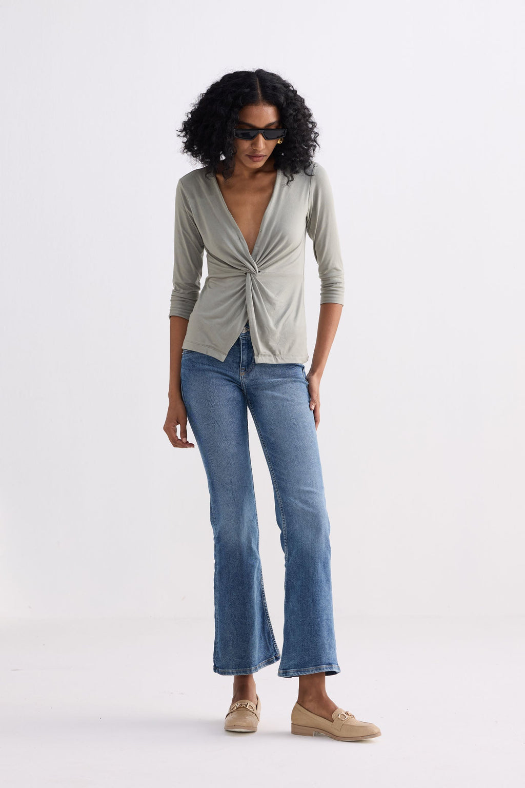 Twist Front Knit Shirt in Light Olive Knit Top for Women - gallery